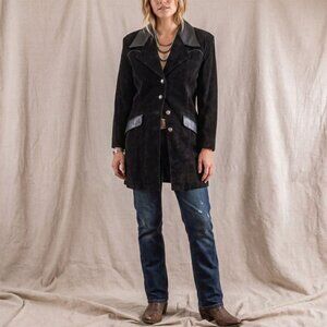 Vintage 90s Scully Women’s Western Black Leather Suede Coat Concho Buttons Long